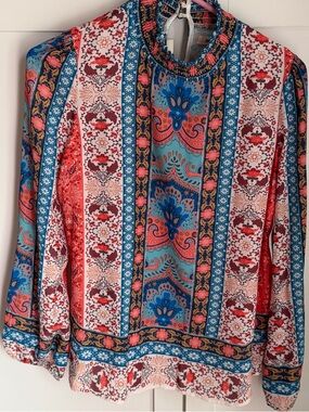 Jealous Tomato Multicolor Printed Long-Sleeve Blouse in Coral & Teal